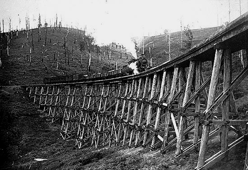 Historic photograph of a steam locomotive crossing the Noojee trestle bridge